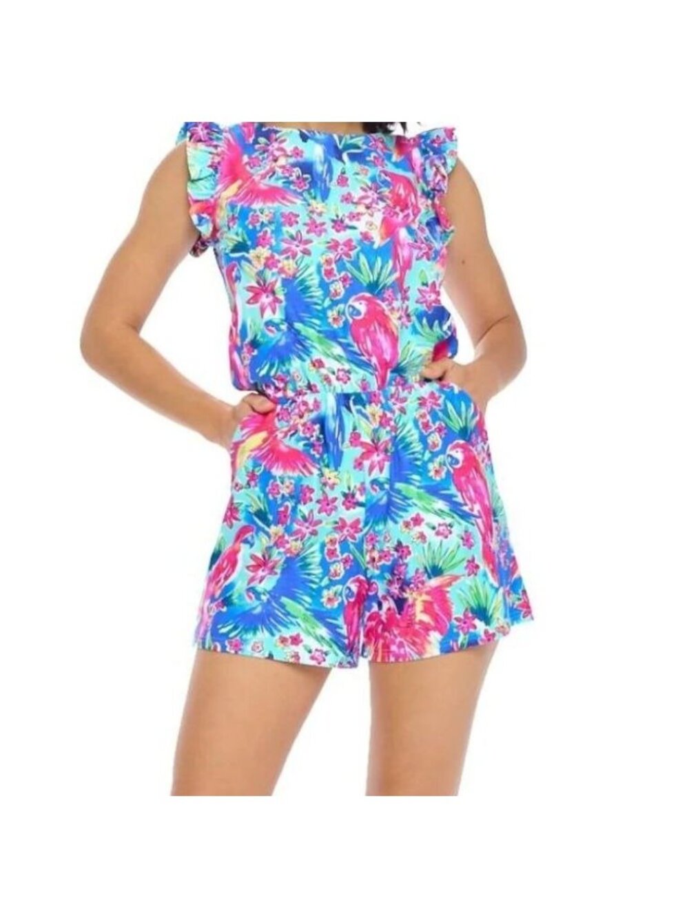 ARYEH tropical print flutter sleeve UPF romper size XL